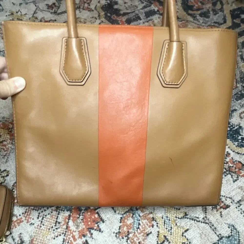Michael Kors Mercer Colorblock Tote Wallet Set Tan Orange Center Stripe Leather